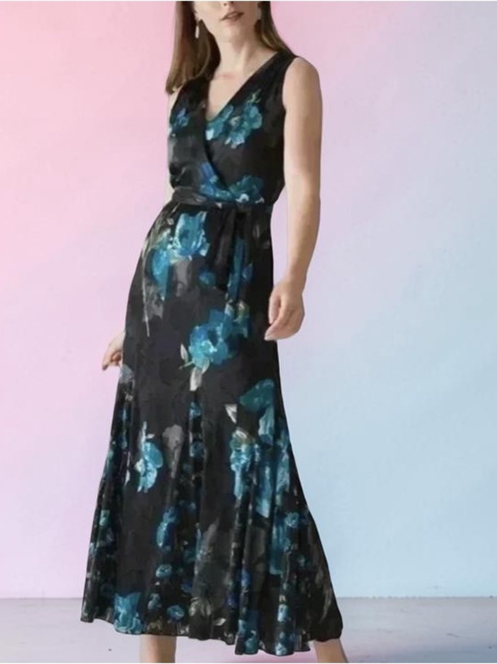 WHBM Spliced Poppy Blk Ocean Burnout Floral Midi Dress Size 16 NWT